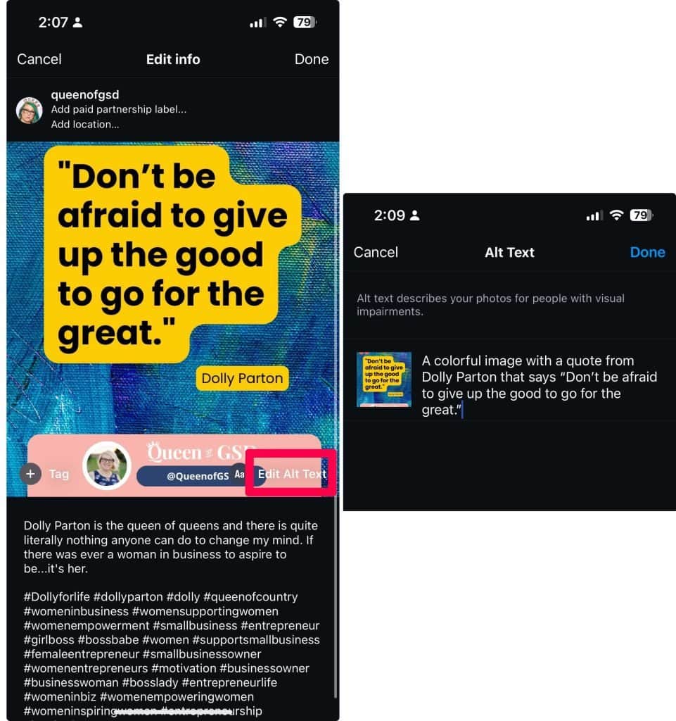 Screenshots from IG showing where alt tags can be added