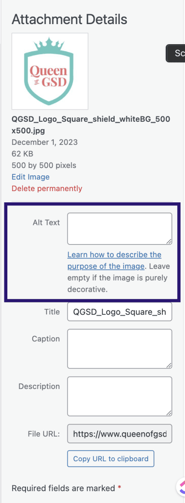 A screenshot of the Wordpress backend, there's a box around the section where you can enter in alt text